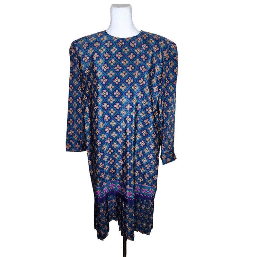 Vintage 80s Long Sleeve Drop Waist Pleated Dress Fleur de Lis Womens Size 10